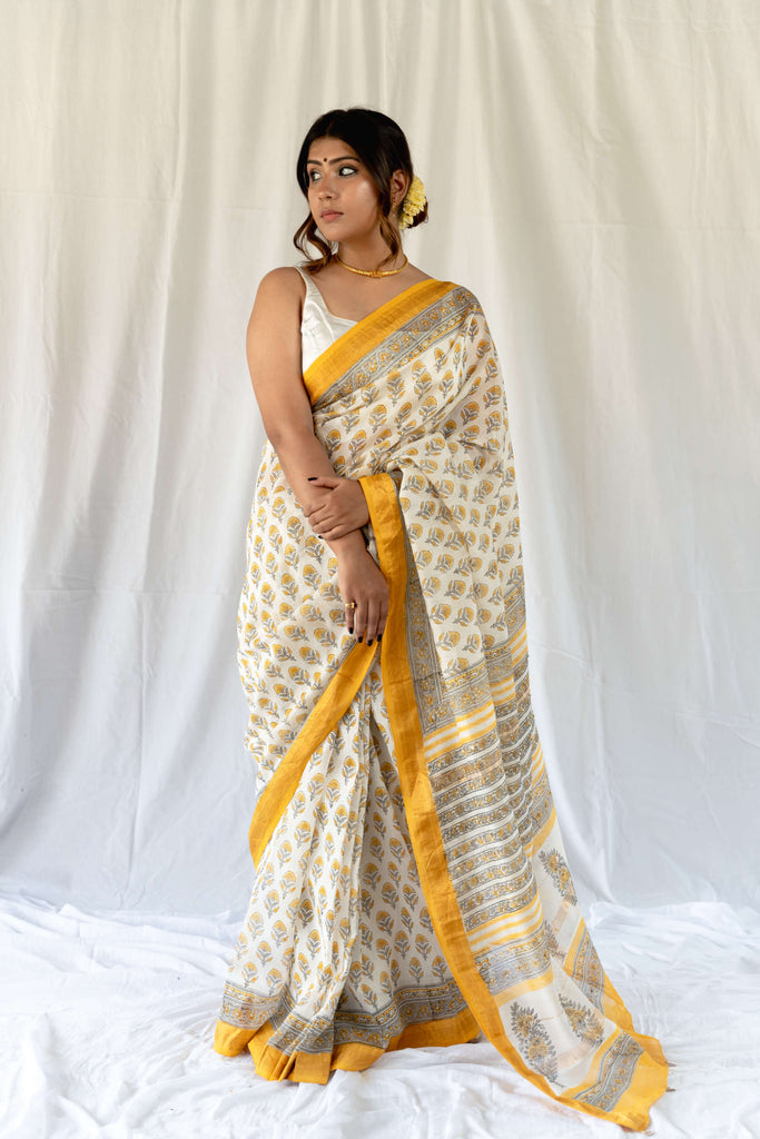Yellow Flower Handblock Ebroidered Maheshwari Saree / gray and green store 