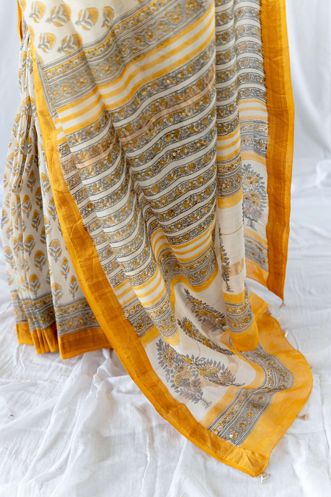 Yellow Flower Handblock Ebroidered Maheshwari Saree / gray and green store 