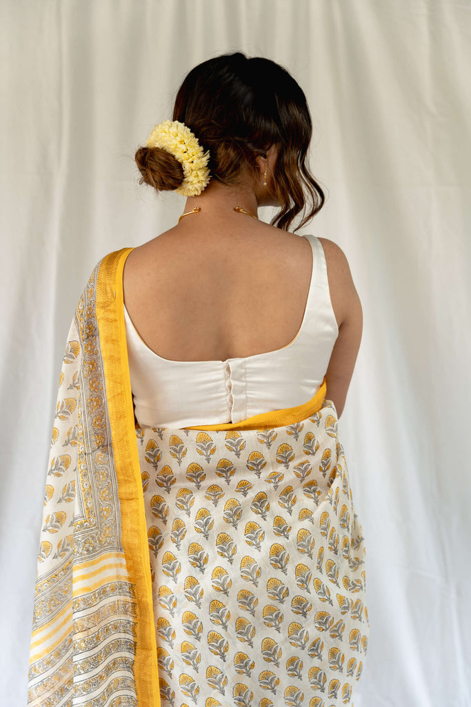 Yellow Flower Handblock Ebroidered Maheshwari Saree / gray and green store 