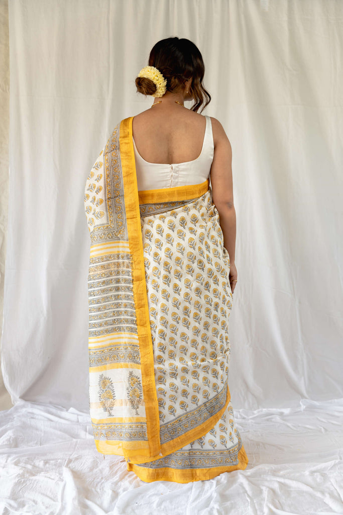 Yellow Flower Handblock Ebroidered Maheshwari Saree / gray and green store 