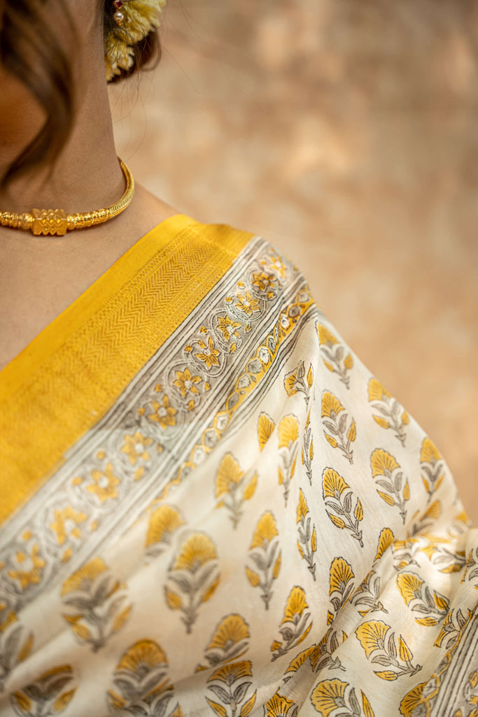 Yellow Flower Handblock Ebroidered Maheshwari Saree / gray and green store 