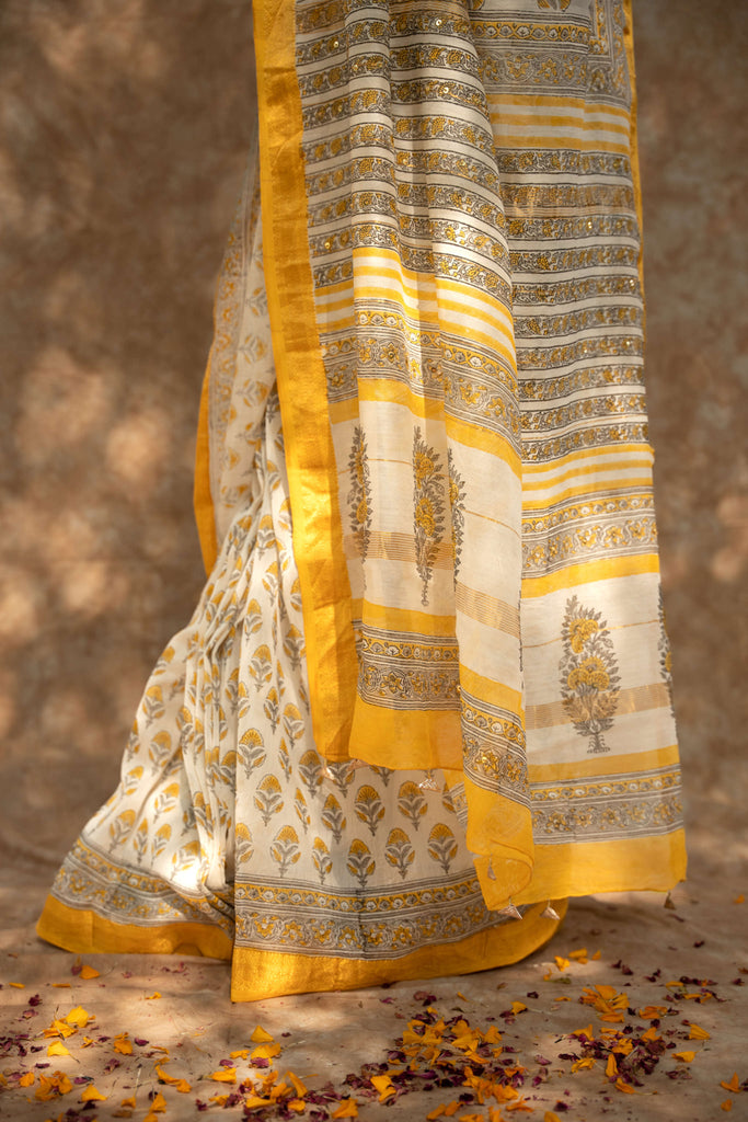 Yellow Flower Handblock Ebroidered Maheshwari Saree / gray and green store 