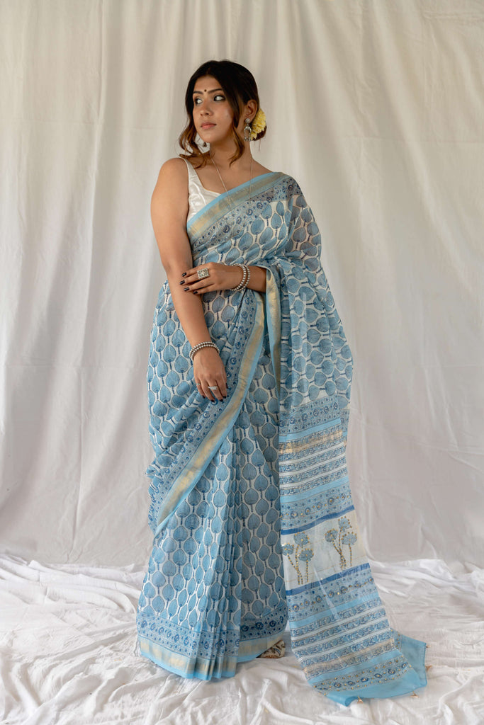 Sky Blue Maheshwari Blockprint Embellished Saree / gray and green store 