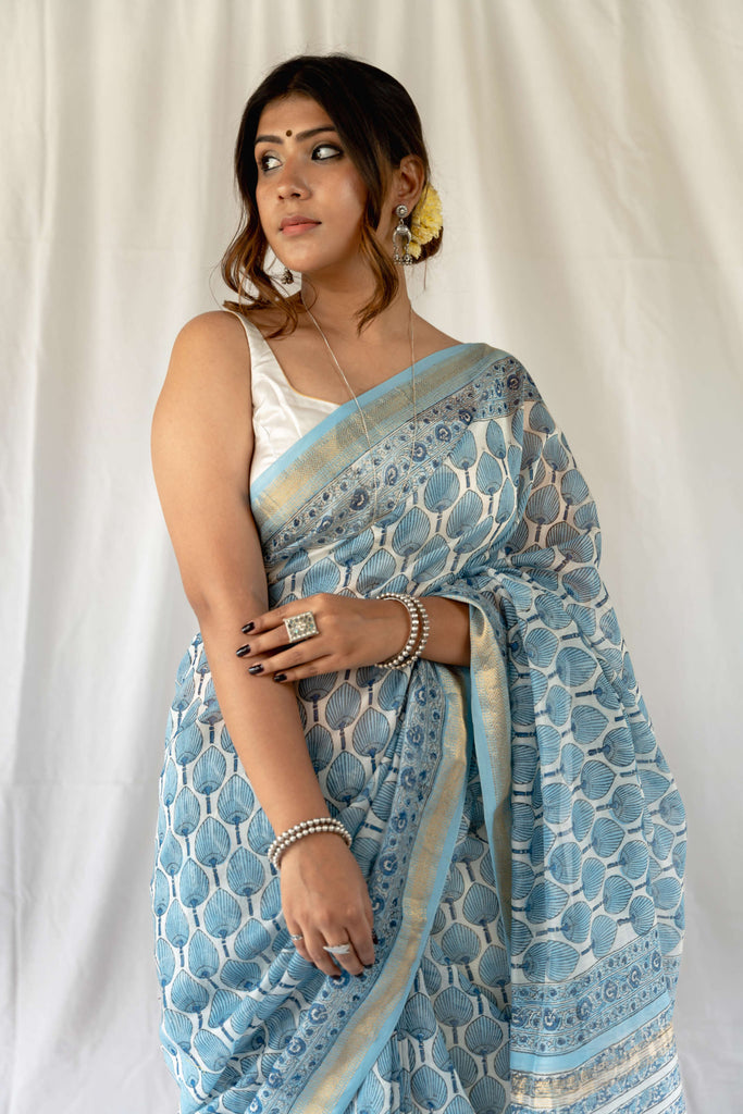 Sky Blue Maheshwari Blockprint Embellished Saree / gray and green store 