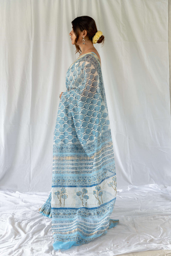 Sky Blue Maheshwari Blockprint Embellished Saree / gray and green store 