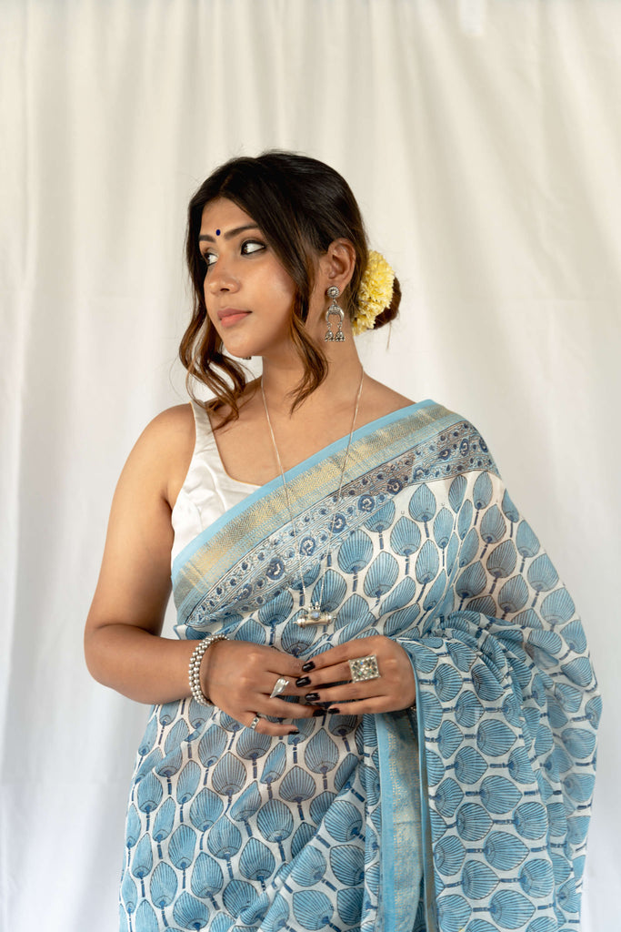 Sky Blue Maheshwari Blockprint Embellished Saree / gray and green store 