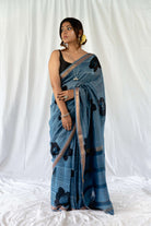 Indigo Brushpaint Maheshwari Embroidered Saree / gray and green store 