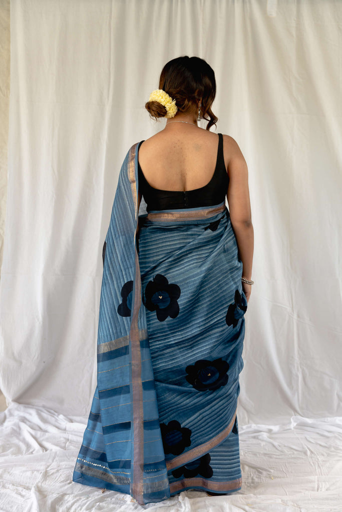 Indigo Brushpaint Maheshwari Embroidered Saree / gray and green store 