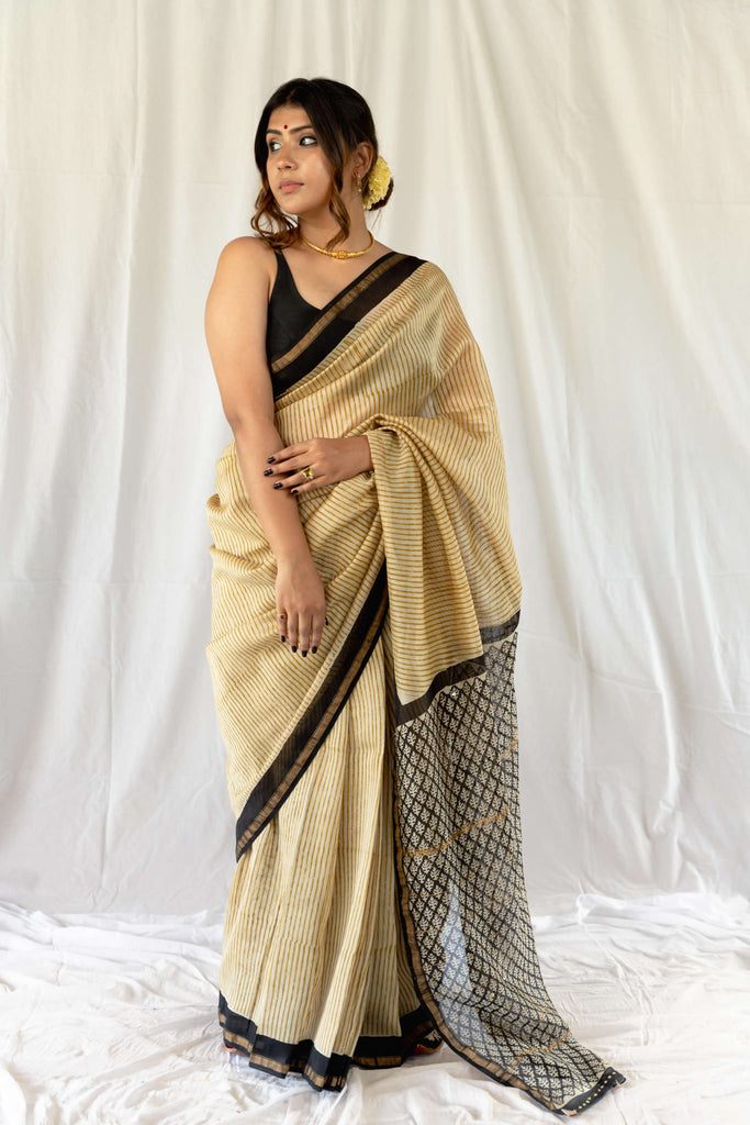 Mustard Lining Bagru Print Chanderi Saree / gray and green store 