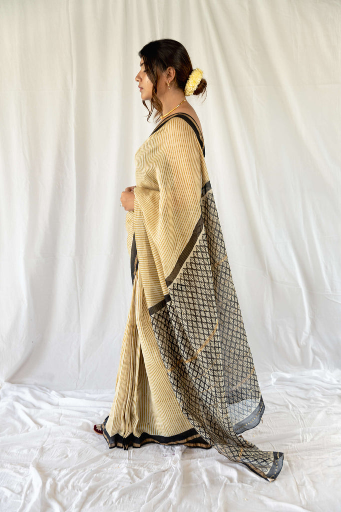 Mustard Lining Bagru Print Chanderi Saree / gray and green store 