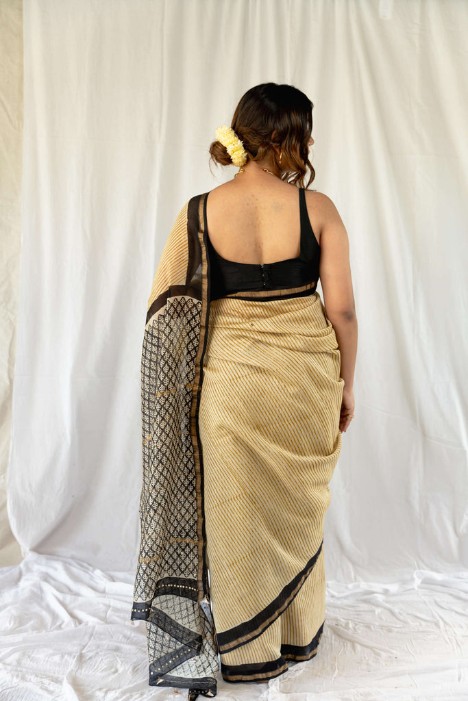 Mustard Lining Bagru Print Chanderi Saree / gray and green store 