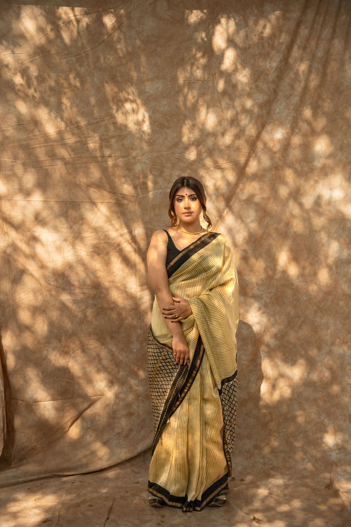 Mustard Lining Bagru Print Chanderi Saree / gray and green store 