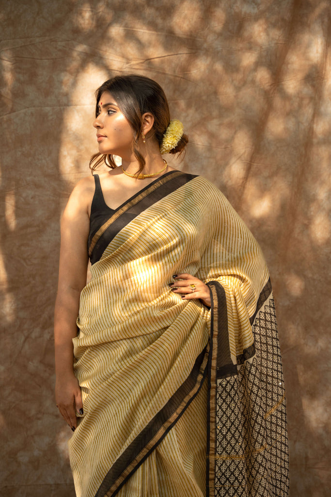 Mustard Lining Bagru Print Chanderi Saree / gray and green store 