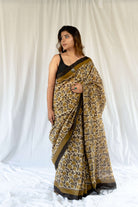 Blockprint Vanaspati golden color Chanderi Saree gray and green store