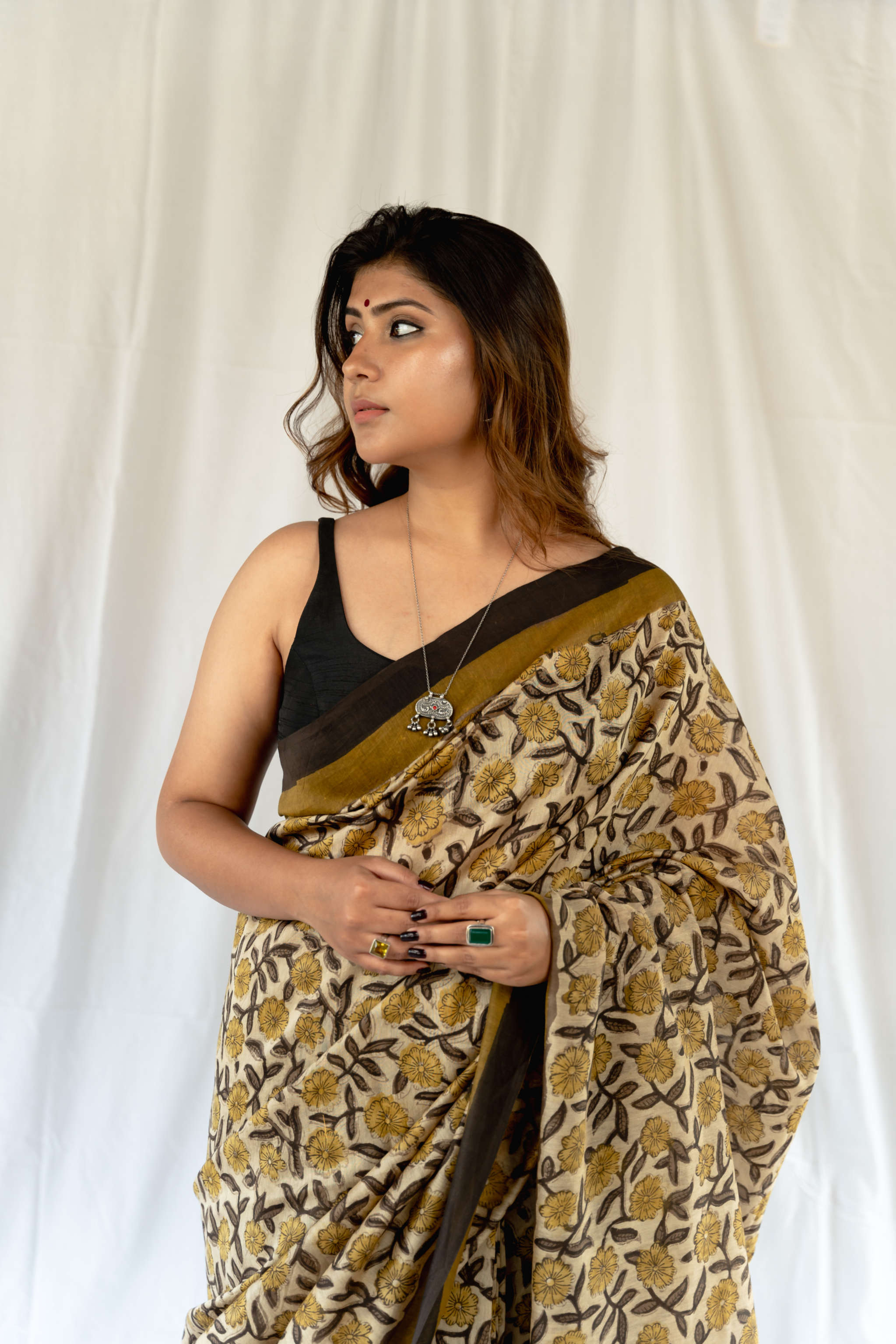 Blockprint Vanaspati golden color Chanderi Saree gray and green store