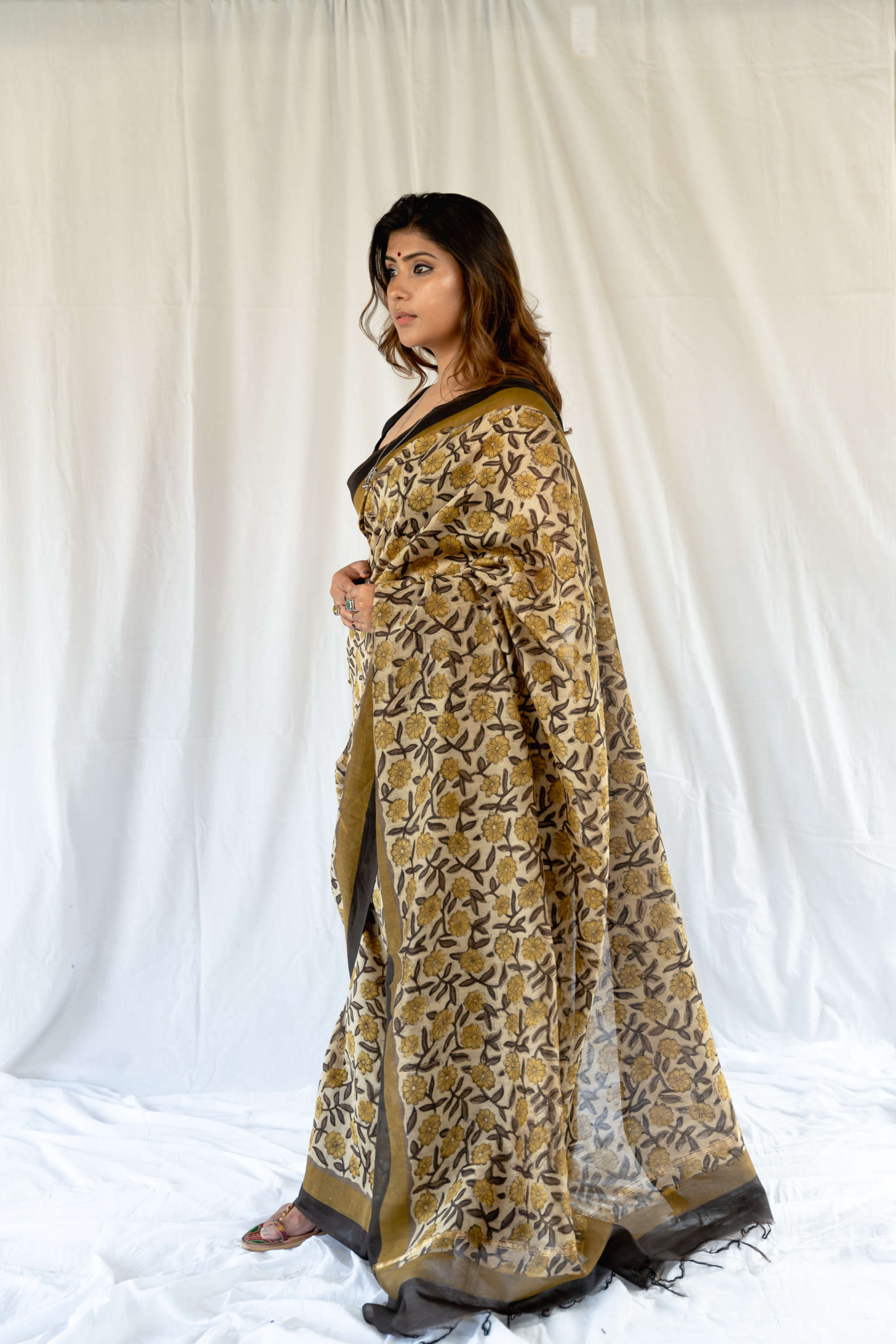 Blockprint Vanaspati golden color Chanderi Saree gray and green store