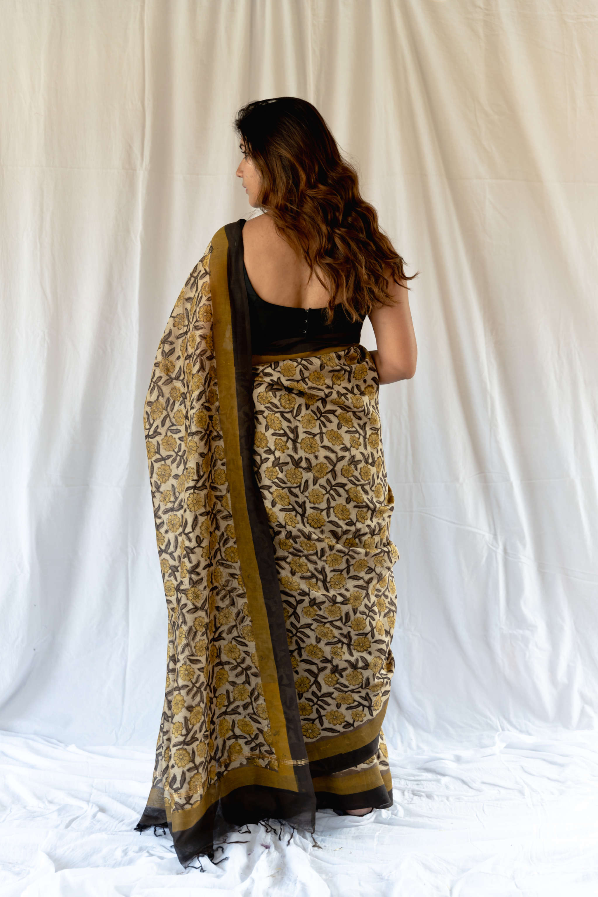 Blockprint Vanaspati golden color Chanderi Saree gray and green store