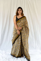 Blockprint Vanaspati golden color Chanderi Saree gray and green store