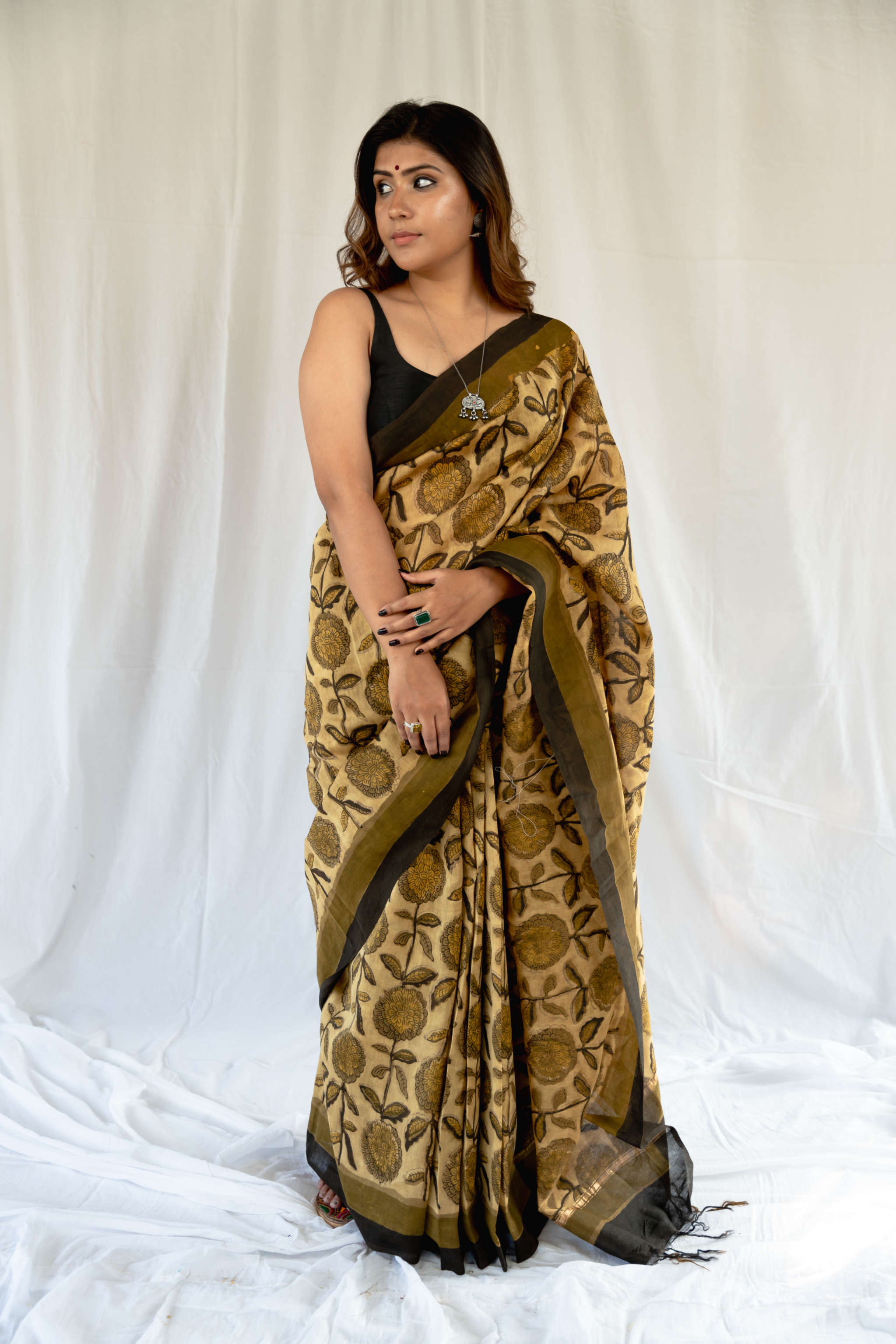 Sunflower Blockprint Vanaspati Chanderi Saree gray and green store 