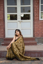 Sunflower Blockprint Vanaspati Chanderi Saree gray and green store 