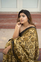 Sunflower Blockprint Vanaspati Chanderi Saree gray and green store 