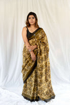 Blockprint Vanaspati golden color Chanderi Saree gray and green store