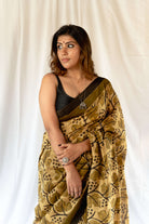 Blockprint Vanaspati golden color Chanderi Saree gray and green store