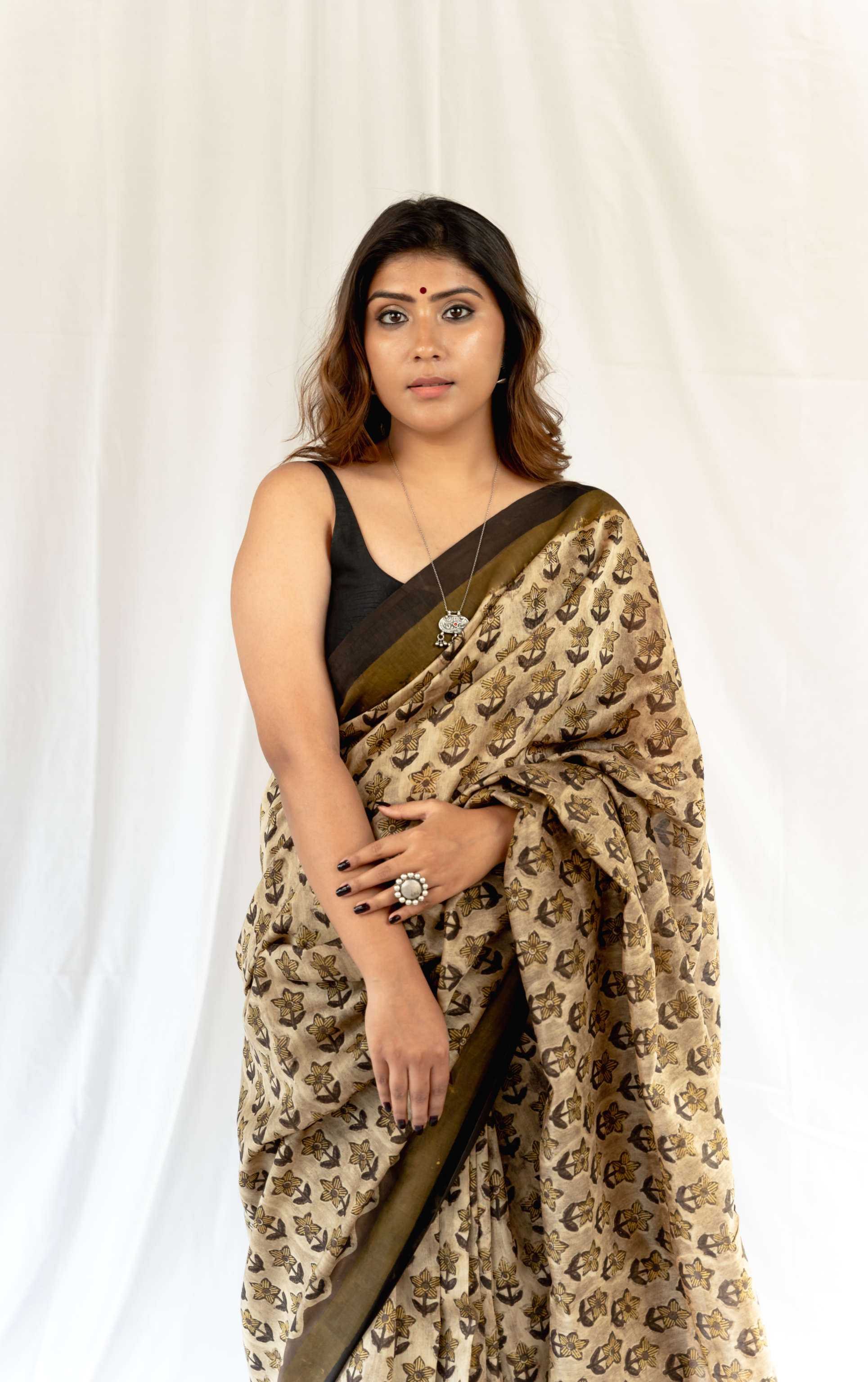 Blockprint Vanaspati golden color Chanderi Saree gray and green store