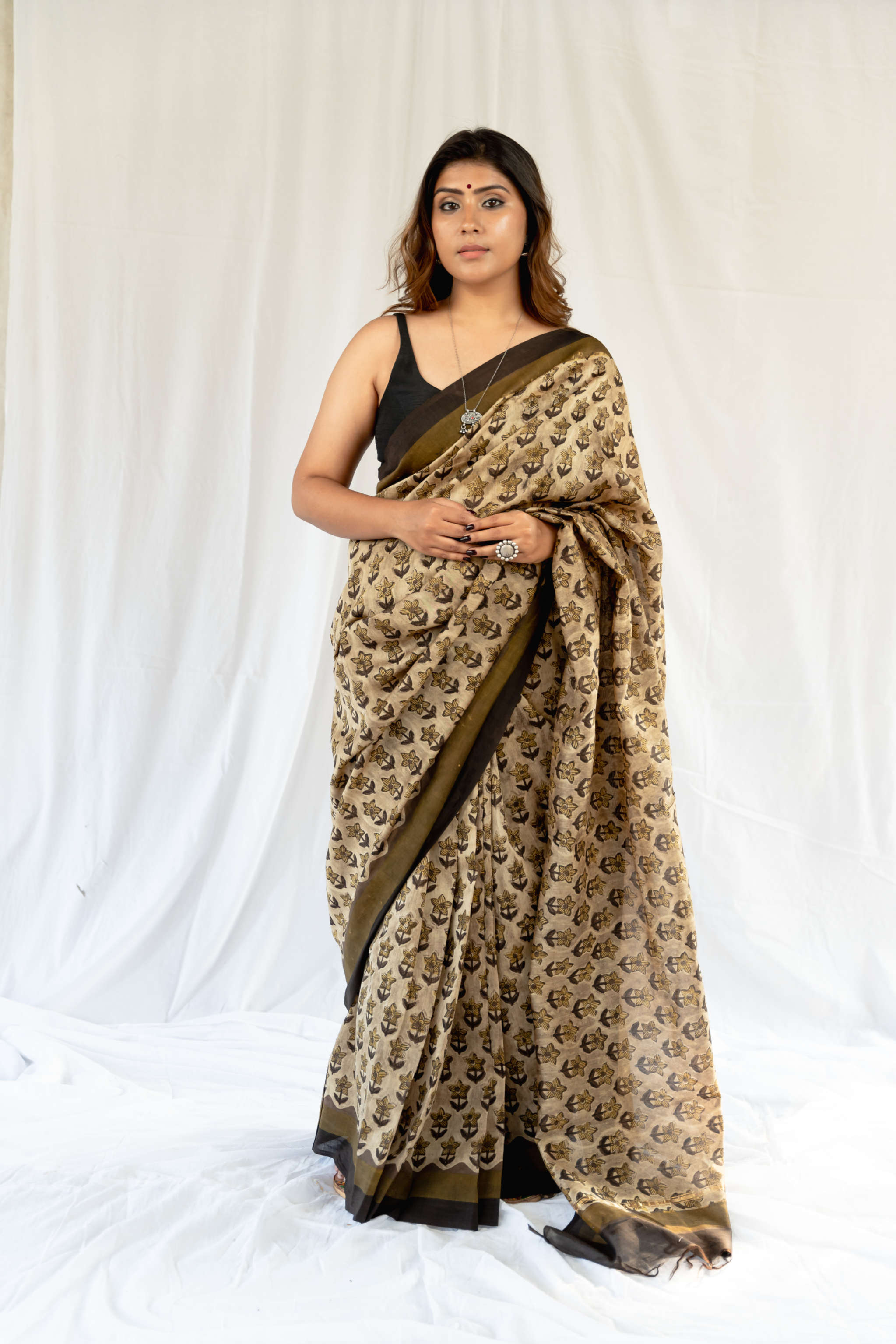 Blockprint Vanaspati golden color Chanderi Saree gray and green store