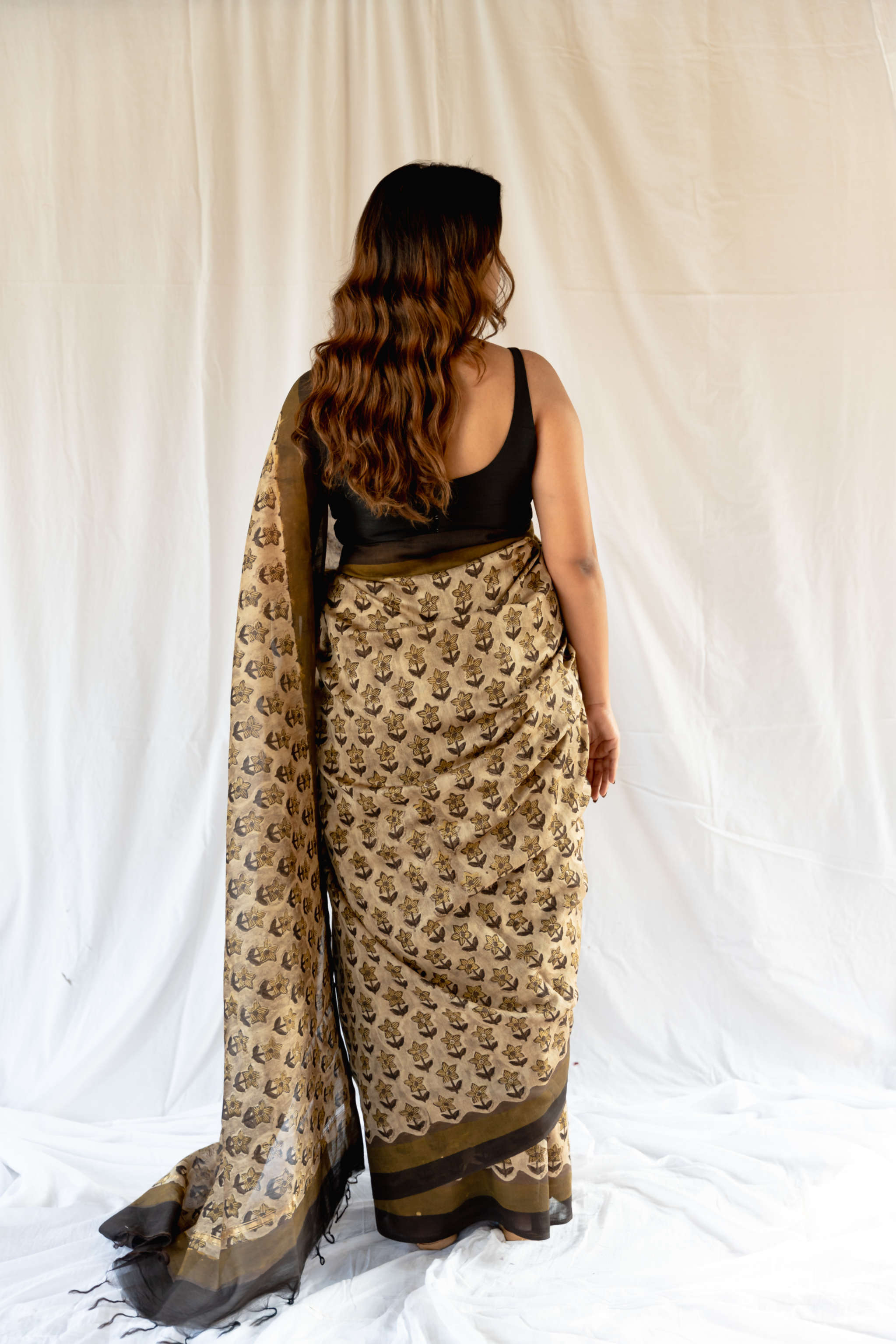 Blockprint Vanaspati golden color Chanderi Saree gray and green store