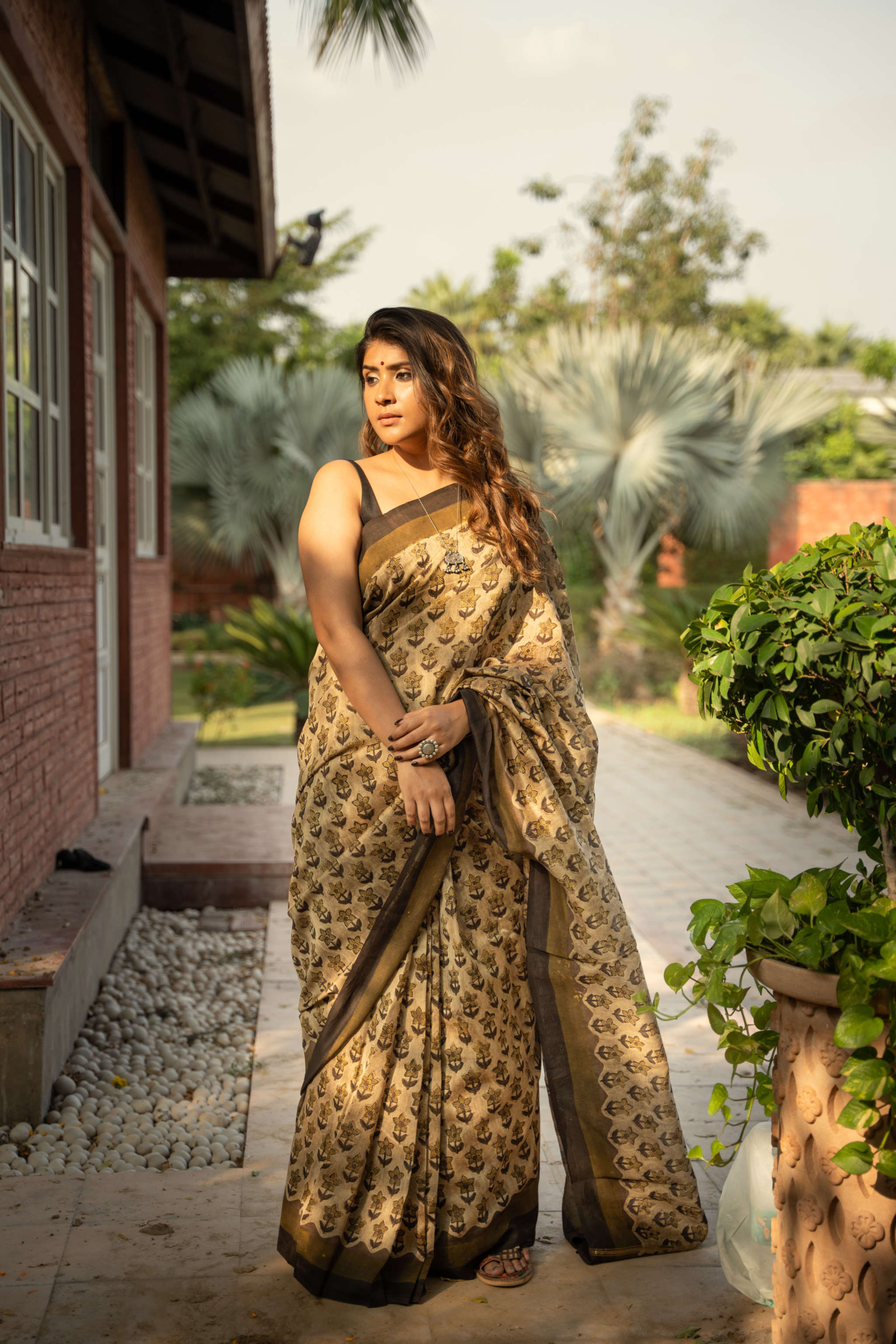 Blockprint Vanaspati golden color Chanderi Saree gray and green store