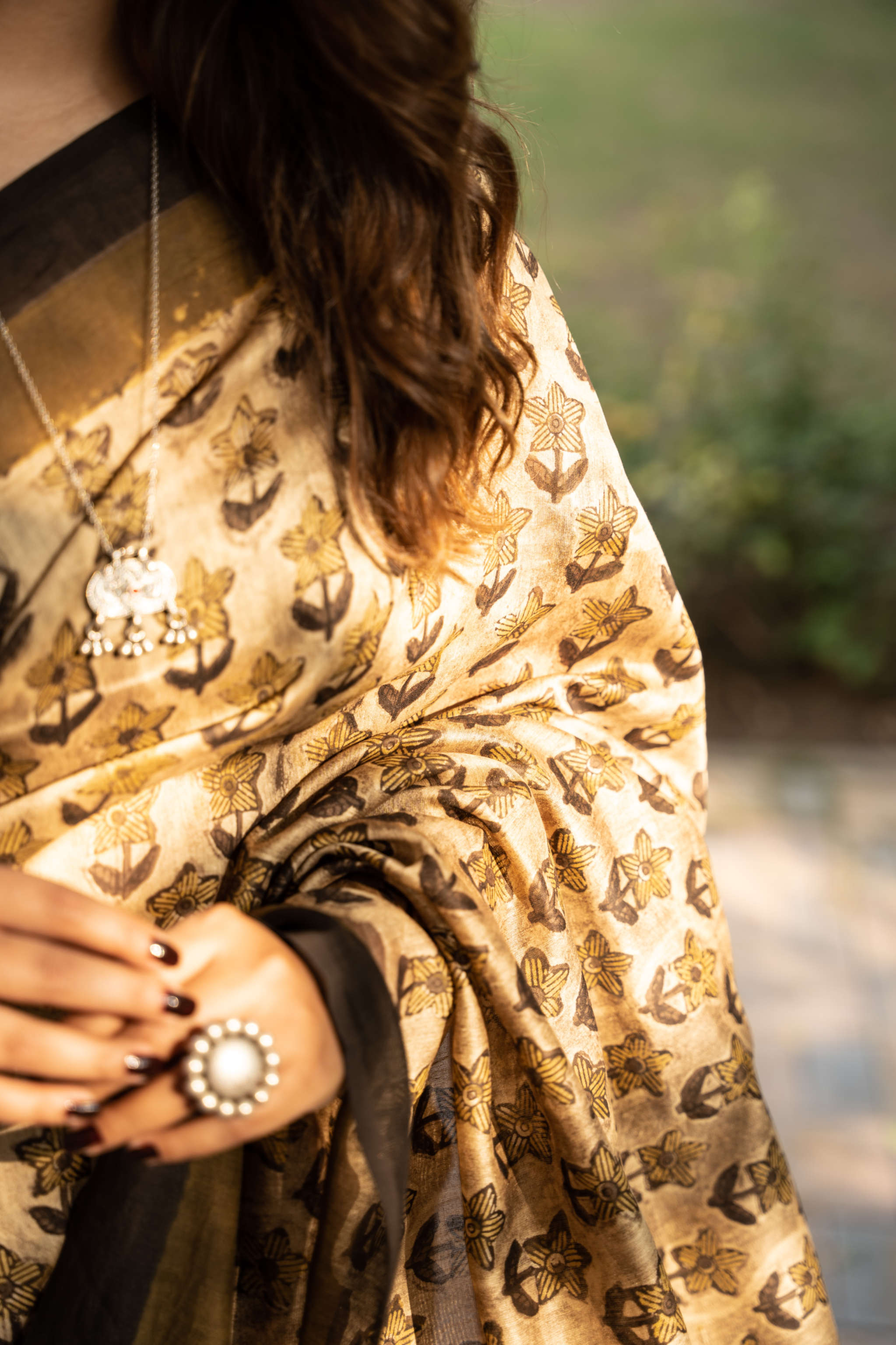 Blockprint Vanaspati golden color Chanderi Saree gray and green store