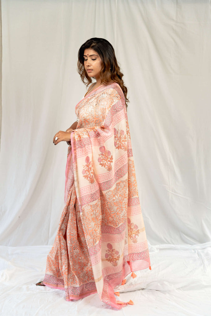 Peach Pink Sanganeri Chanderi Blockprint Saree - Gray and Green Store