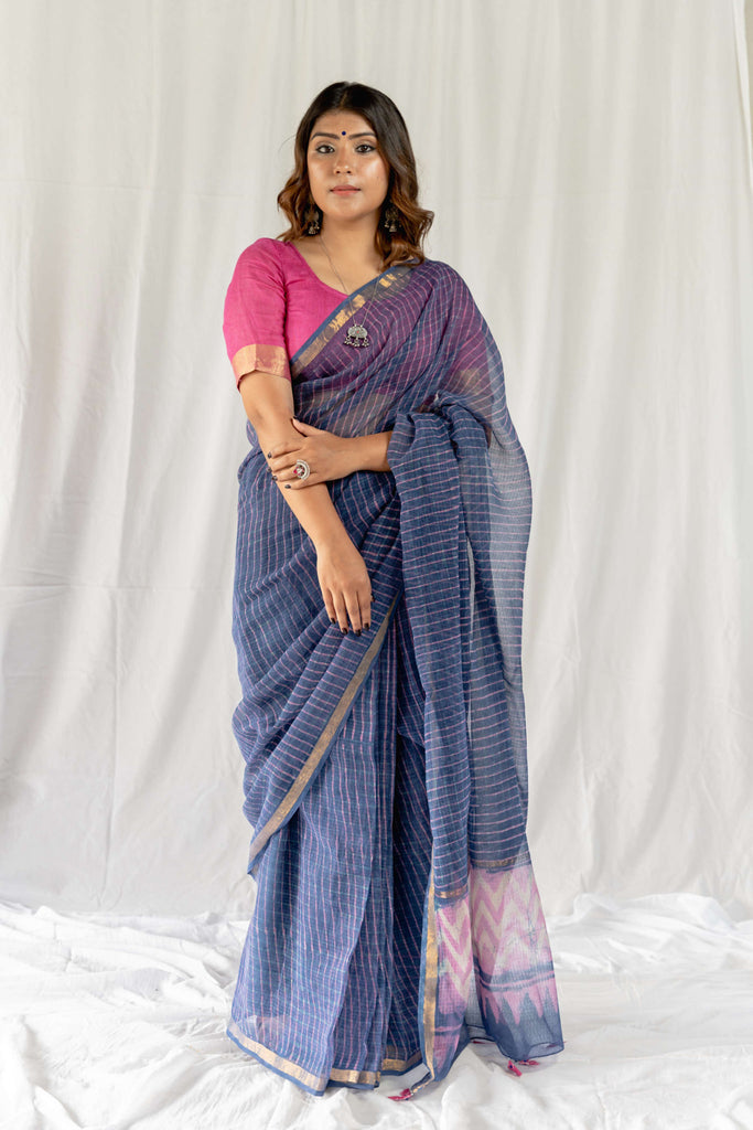 Kabutar - Indigo Purple Kota Doriya Saree gray and green store