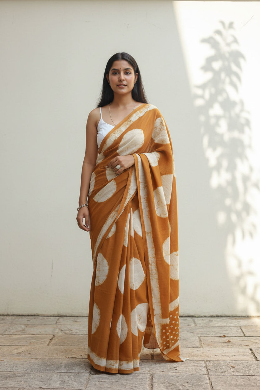 Copper Polka Dabu Print Saree - Full Length