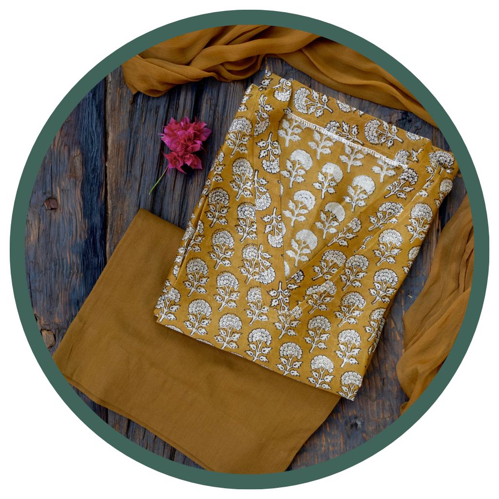 gray and green blockprint chanderi suits