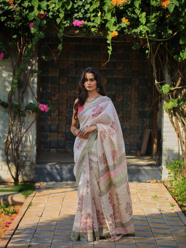 chanderi saree  blockprint saree mughal print saree off white saree handcrafted saree