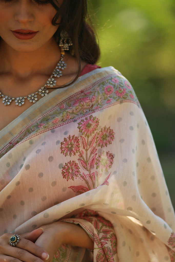 chanderi saree  blockprint saree mughal print saree off white saree handcrafted saree