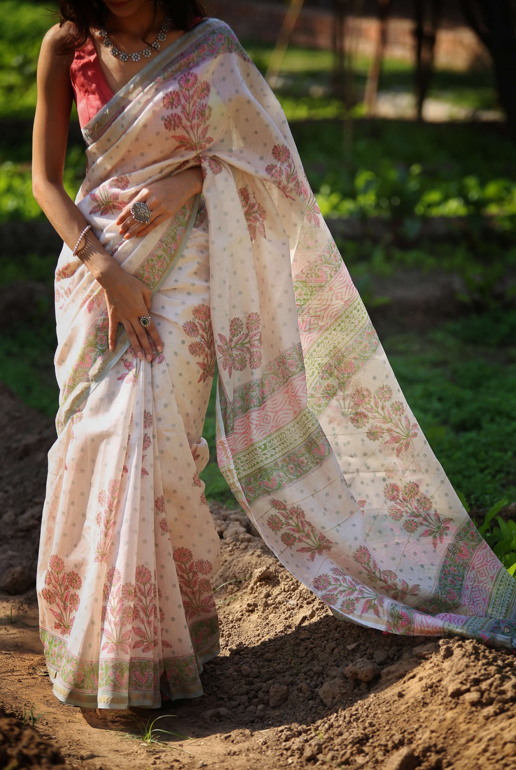 chanderi saree  blockprint saree mughal print saree off white saree handcrafted saree
