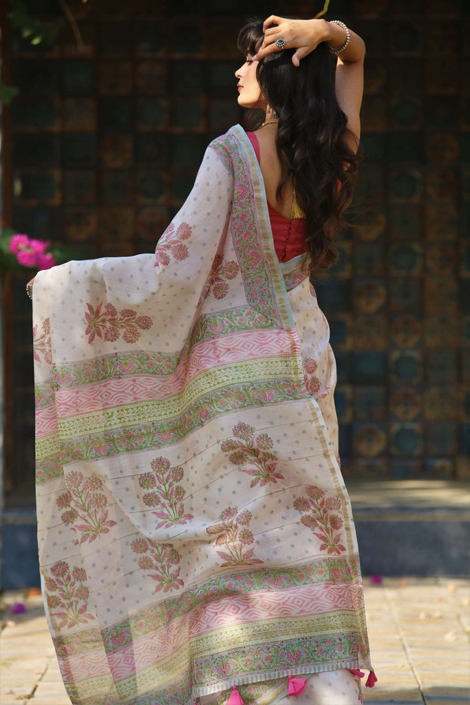 chanderi saree  blockprint saree mughal print saree off white saree handcrafted saree