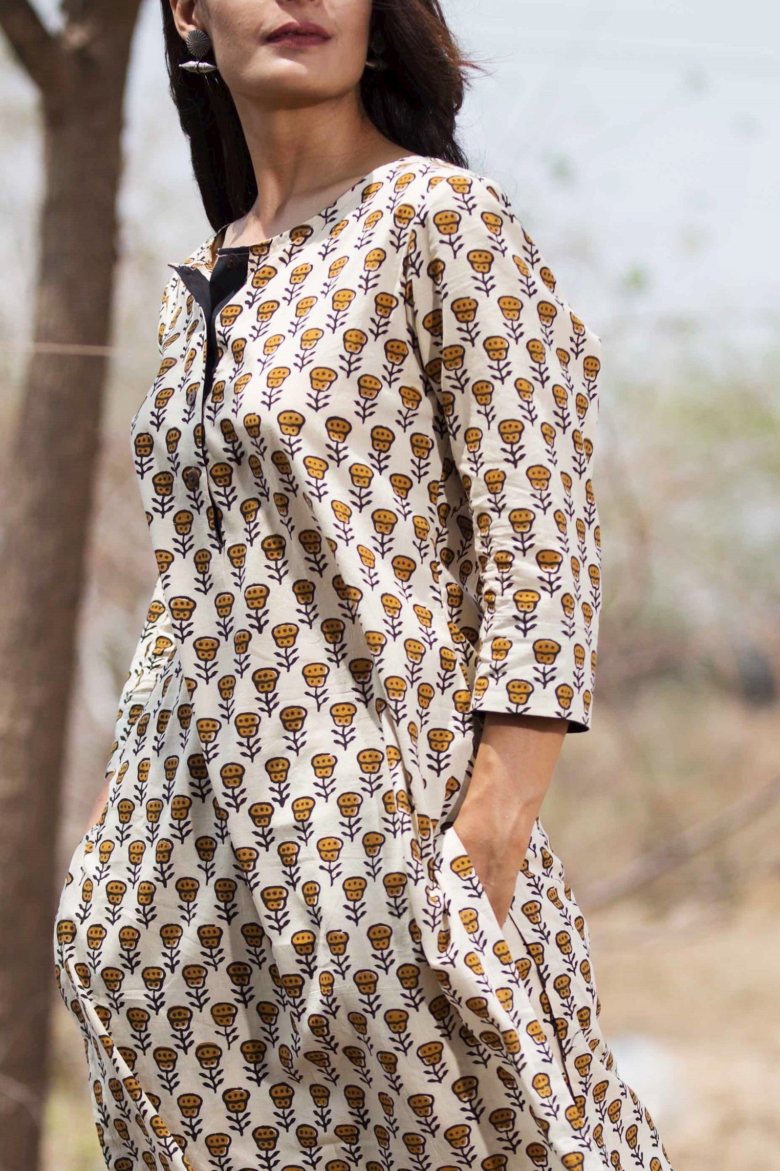 Beige Blockprint Cotton Kurta