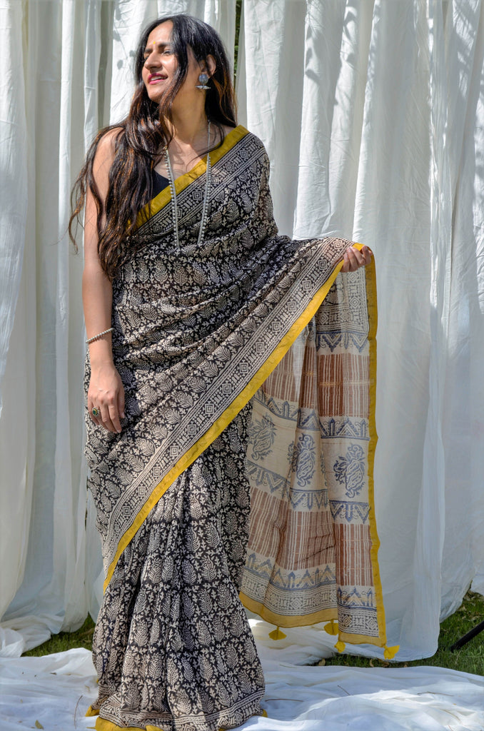 chanderi saree naturally dyed saree black saree blockprint saree bagru print saree