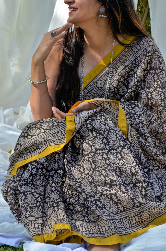 chanderi saree naturally dyed saree black saree blockprint saree bagru print saree