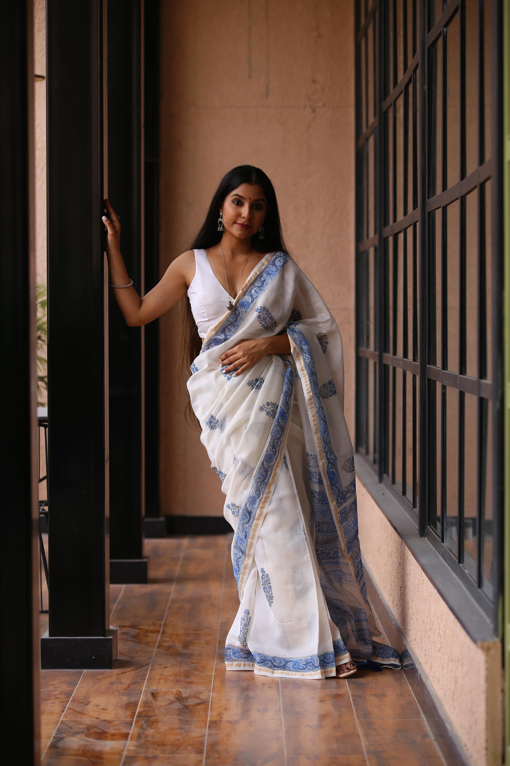 chanderi saree  blockprint saree mughal print saree off white saree handcrafted saree