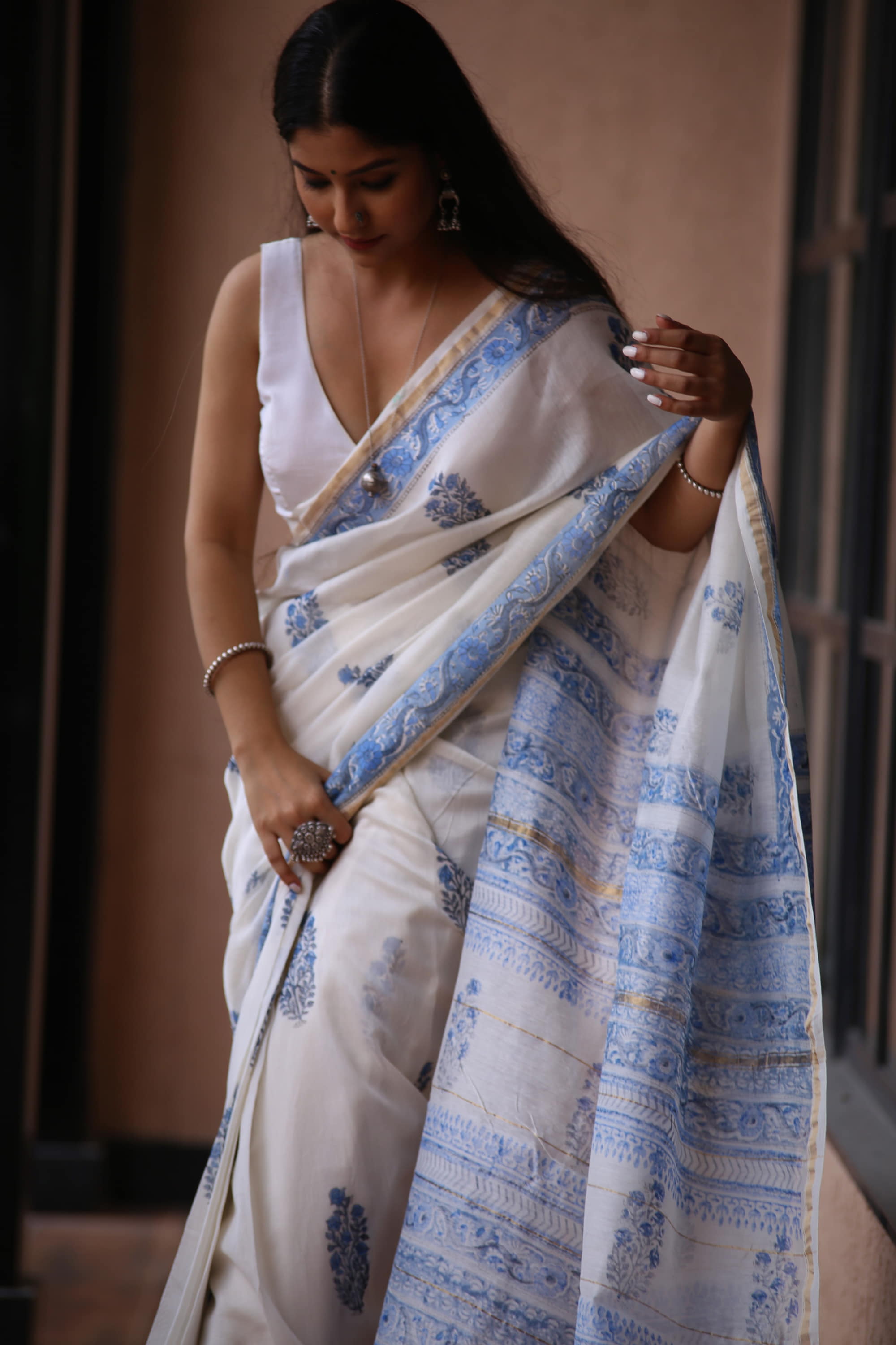 chanderi saree  blockprint saree mughal print saree off white saree handcrafted saree