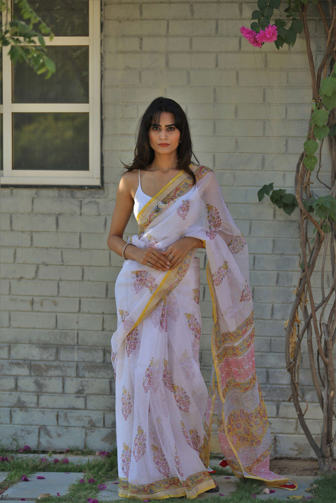 blockprint kota doria mughal print saree with tassels