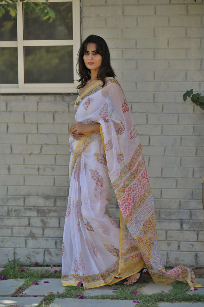 blockprint kota doria mughal print saree with tassels