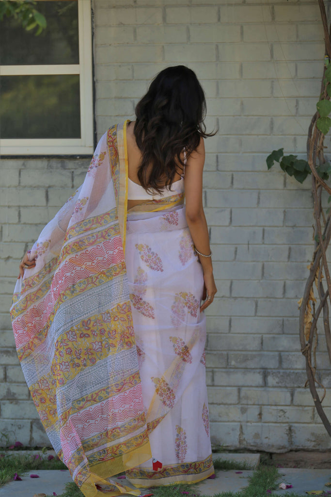 blockprint kota doria mughal print saree with tassels