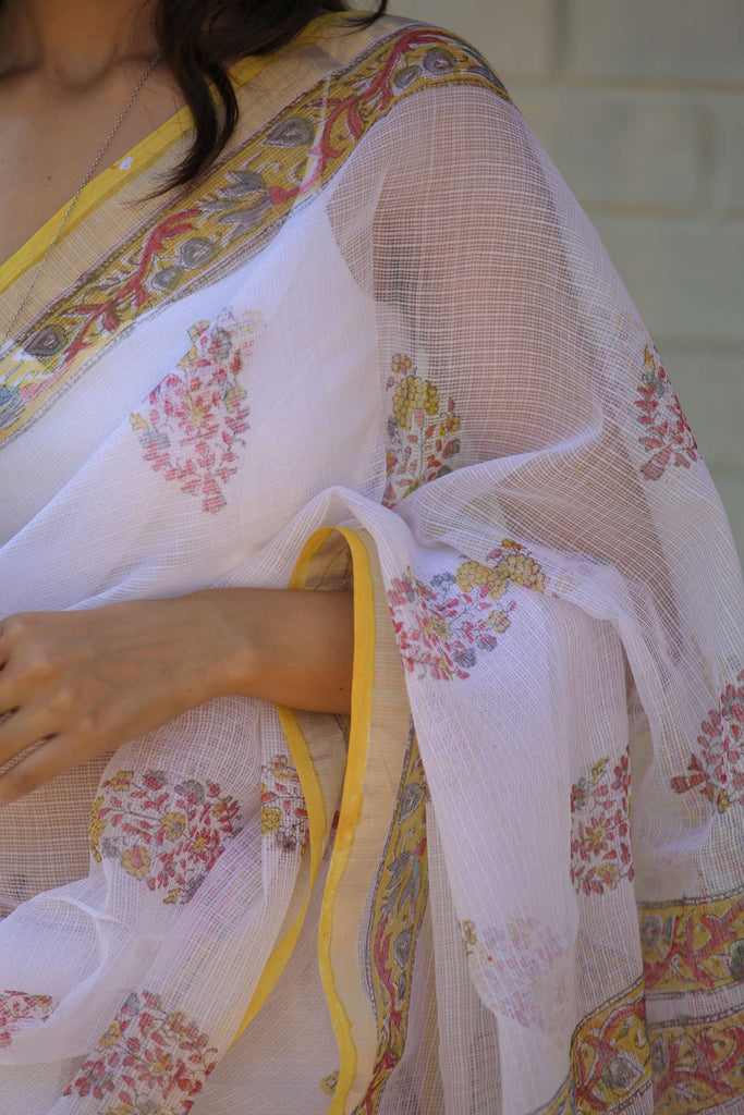blockprint kota doria mughal print saree with tassels