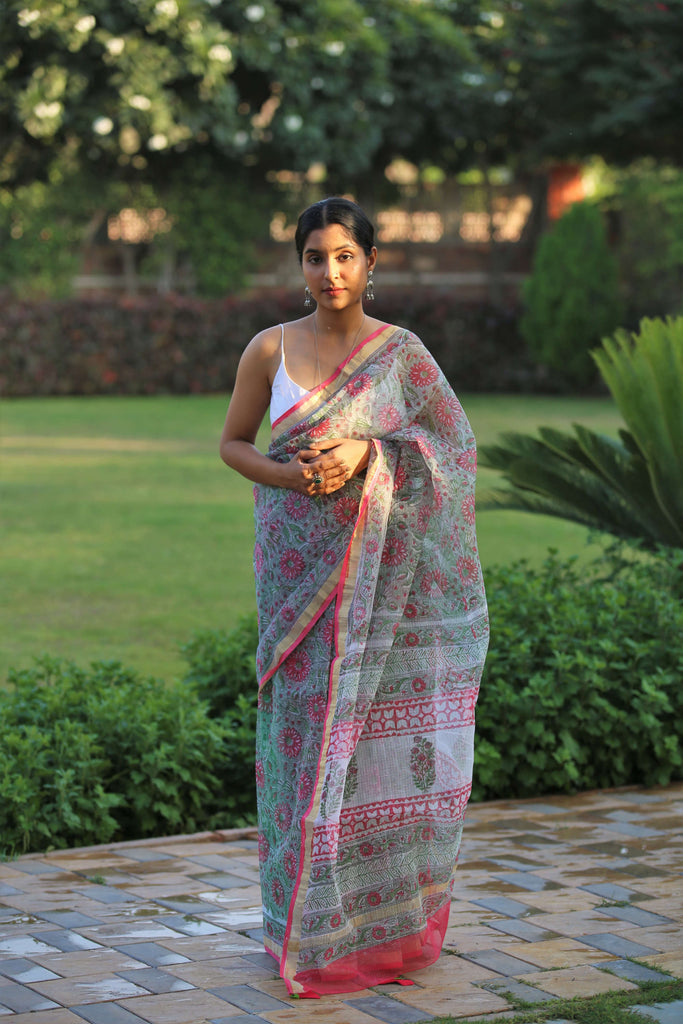 blockprint kota doria saree with tassels